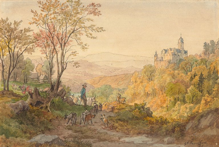 Auf diesem Bild ist das folgende Kunstwerk zu sehen: Gustav Friedrich Papperitz. Blick über ein herbstliches Tal mit einer Burg. 1848.