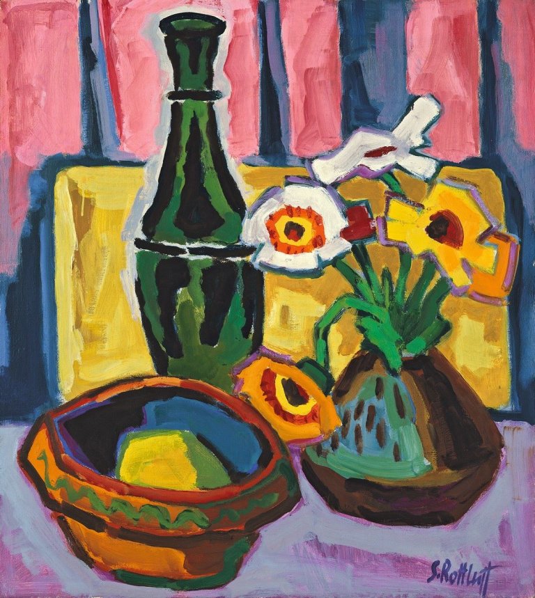 Auf diesem Bild ist das folgende Kunstwerk zu sehen: Karl Schmidt-Rottluff. „Stilleben mit Kokardenblumen“. 1960.