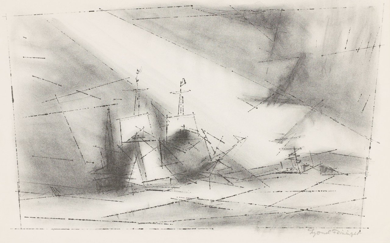 Auf diesem Bild ist das folgende Kunstwerk zu sehen: Lyonel Feininger. „Vor der Küste (Stein 3)“. 1951.