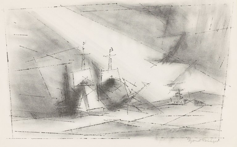 Auf diesem Bild ist das folgende Kunstwerk zu sehen: Lyonel Feininger. „Vor der Küste (Stein 3)“. 1951.