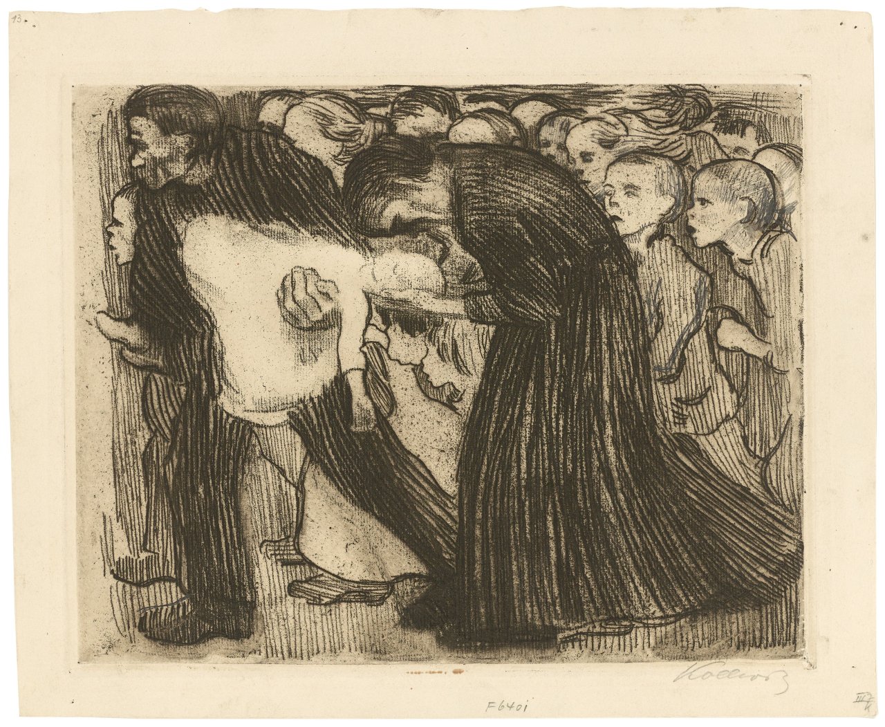 Auf diesem Bild ist das folgende Kunstwerk zu sehen: Käthe Kollwitz. „Überfahren“. 1910.