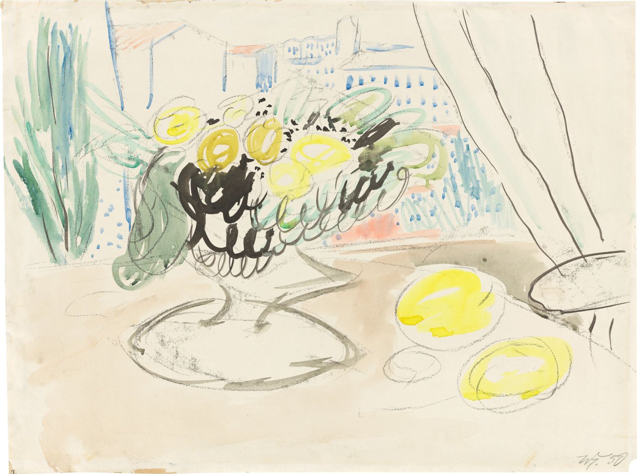 Auf diesem Bild ist das folgende Kunstwerk zu sehen: Werner Heldt. „Blumen am Fenster“ („Stilleben am Fenster VII“). 1950.