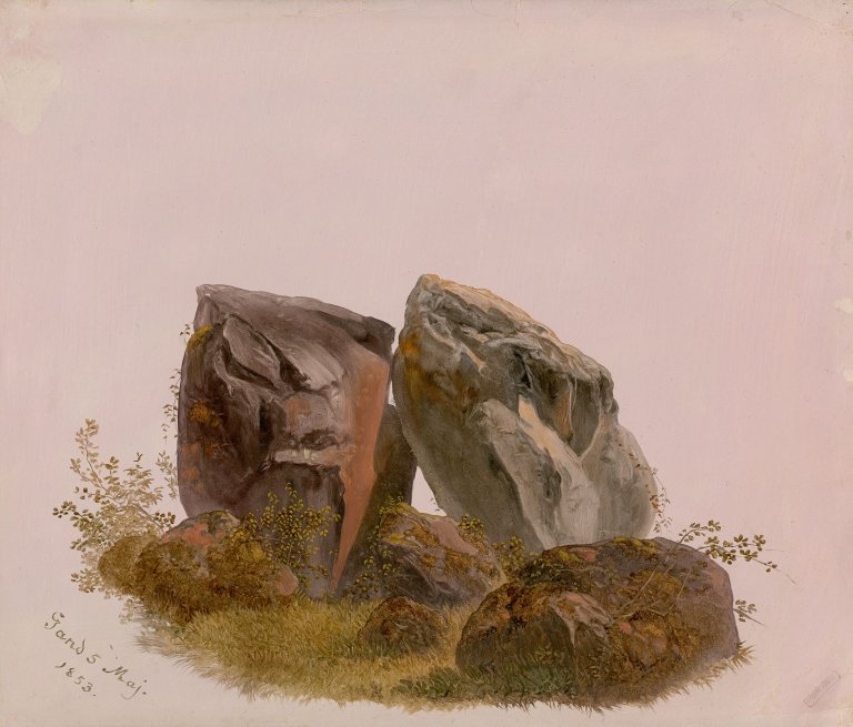 Auf diesem Bild ist das folgende Kunstwerk zu sehen: Jakob Hoffmann. Steine vor rosa Grund. 1853.