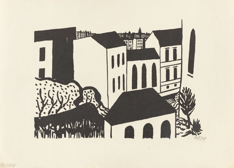 Auf diesem Bild ist das folgende Kunstwerk zu sehen: Werner Heldt. „WH“ / „Totenkopf vor der Stadt“ / „Häuser“. Jeweils 1949.