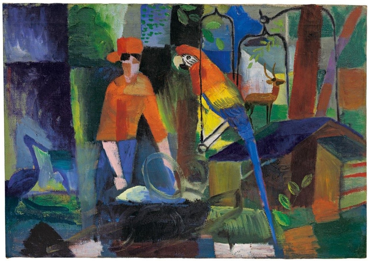 Auf diesem Bild ist das folgende Kunstwerk zu sehen: August Macke. „Frau mit Papagei in einer Landschaft“. 1914.