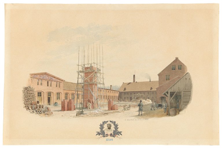 Auf diesem Bild ist das folgende Kunstwerk zu sehen: Eduard Gaertner. „Bauplatz der Fabrik March Söhne in Charlottenburg, Marchstraße“. 1869.