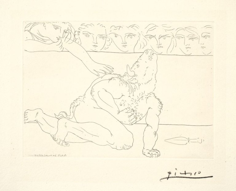 Auf diesem Bild ist das folgende Kunstwerk zu sehen: Pablo Picasso. „Minotaure mourant et jeune femme pitoyable“. 1933.
