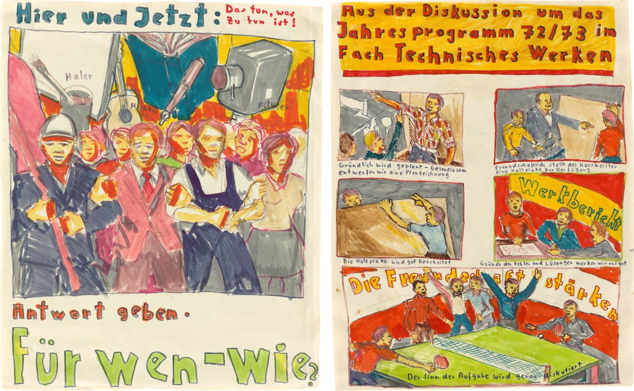 This picture shows the following artwork: Jörg Immendorff. ”Hier und jetzt: Das tun, was zu tun ist!” / ”Aus der Diskussion um das Jahresprogramm 72/73 im Fach Technisches Werken”. 1973.