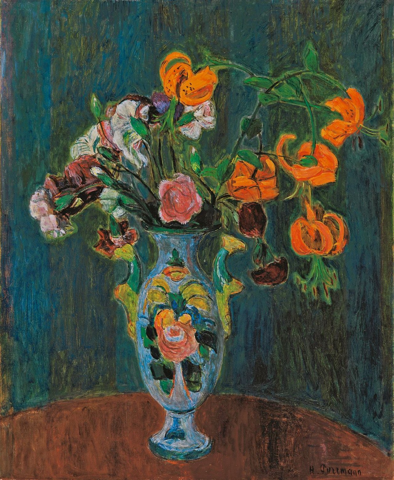 Auf diesem Bild ist das folgende Kunstwerk zu sehen: Hans Purrmann. „Türkenbund und Nelken in Biedermeiervase“. 1946.