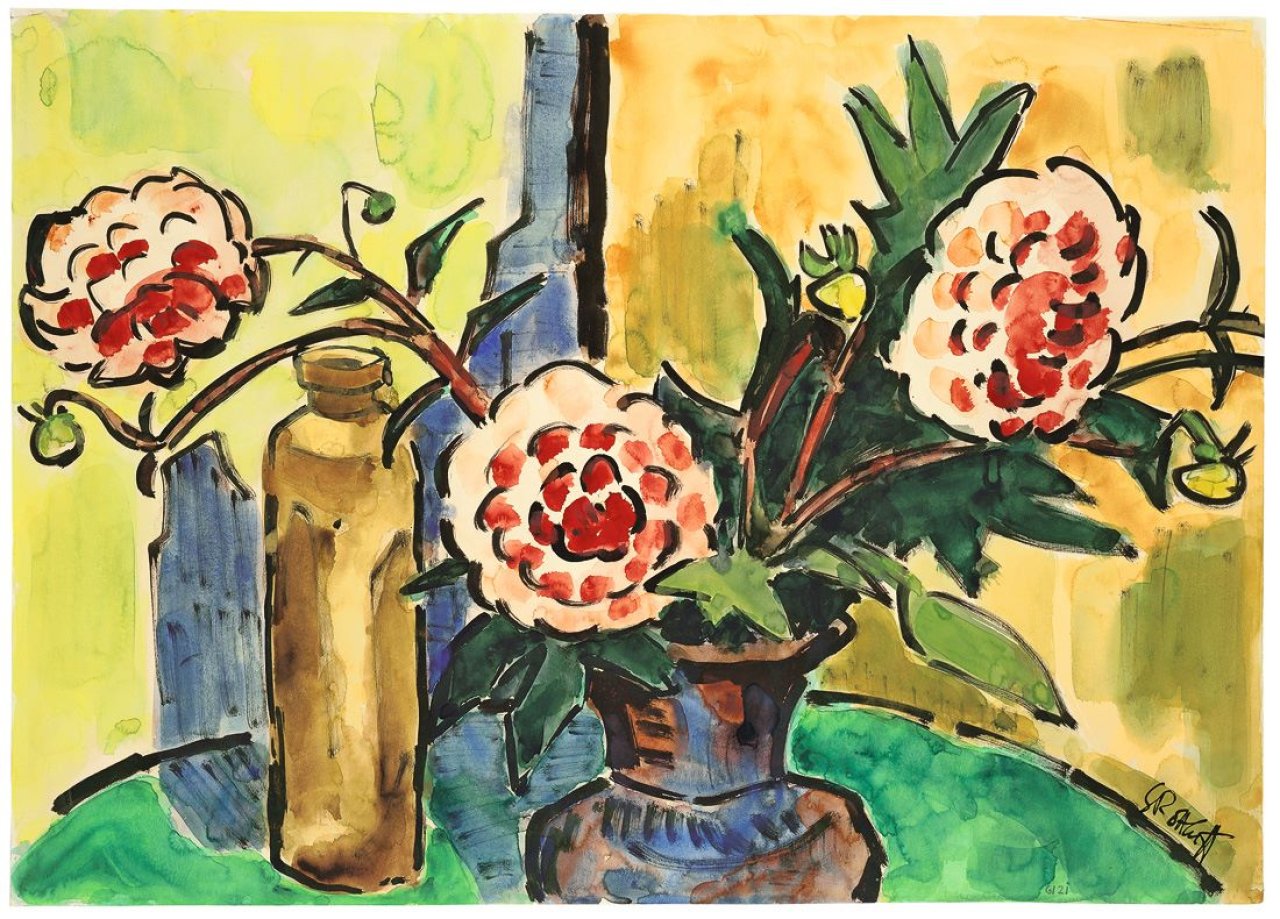 Auf diesem Bild ist das folgende Kunstwerk zu sehen: Karl Schmidt-Rottluff. Pfingstrosen. 1961.
