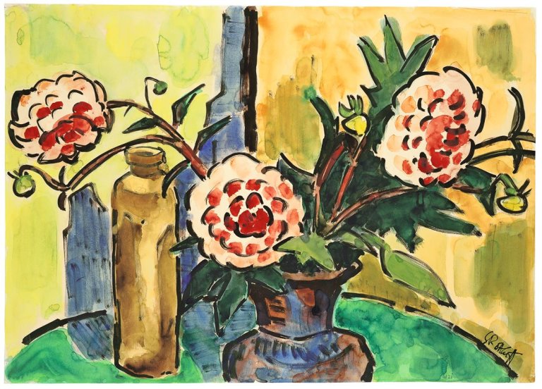 Auf diesem Bild ist das folgende Kunstwerk zu sehen: Karl Schmidt-Rottluff. Pfingstrosen. 1961.