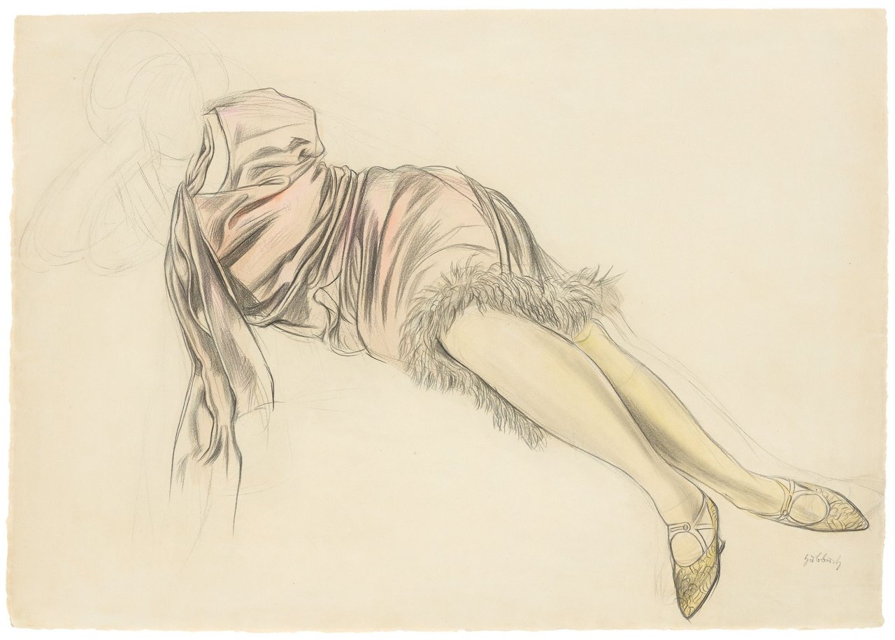 Auf diesem Bild ist das folgende Kunstwerk zu sehen: Karl Hubbuch. Liegende in rotem Kleid. Um 1923.