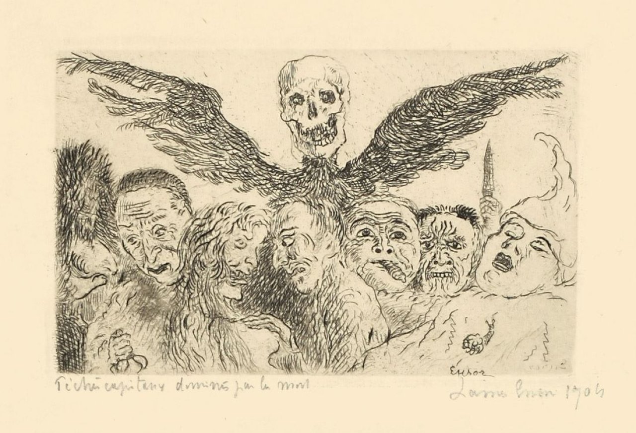 Auf diesem Bild ist das folgende Kunstwerk zu sehen: James Ensor. „The deadly sins dominated by death“. 1904.