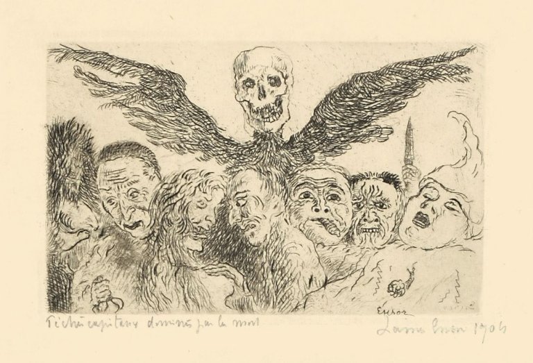 Auf diesem Bild ist das folgende Kunstwerk zu sehen: James Ensor. „The deadly sins dominated by death“. 1904.