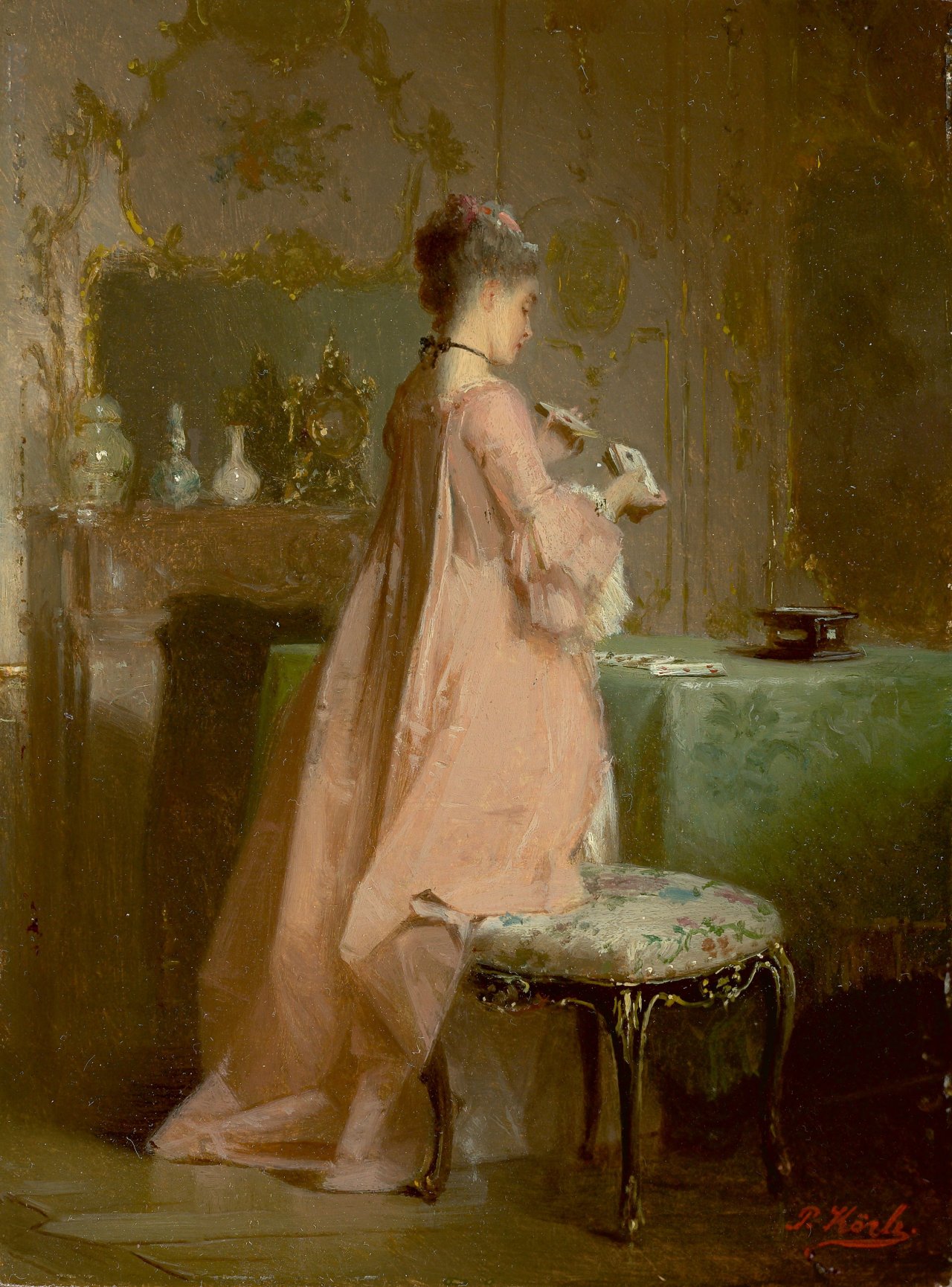 Auf diesem Bild ist das folgende Kunstwerk zu sehen: Pancraz Körle. Frau mit Karten im Rokoko-Boudoir.