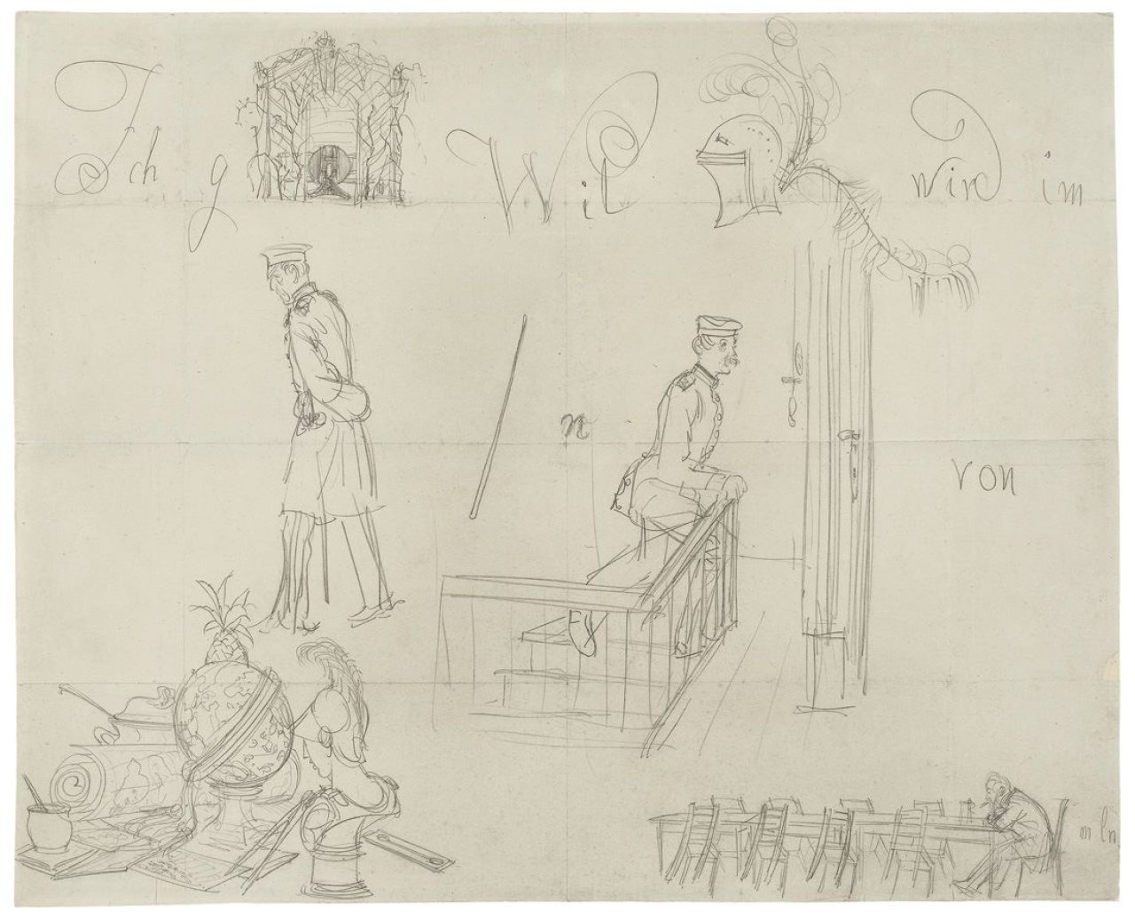 Auf diesem Bild ist das folgende Kunstwerk zu sehen: Adolph Menzel. Rebus („Ich glaube, Wilhelm ...“). Um 1866/71.