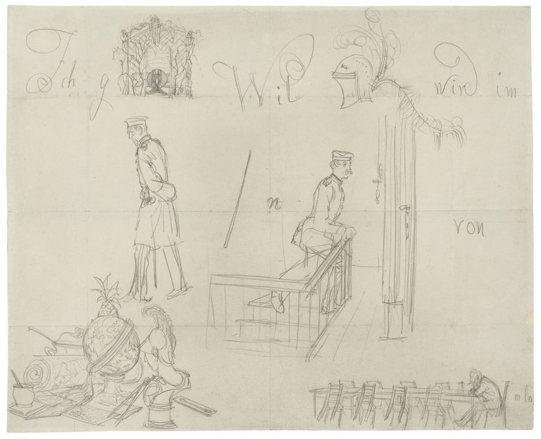 Auf diesem Bild ist das folgende Kunstwerk zu sehen: Adolph Menzel. Rebus („Ich glaube, Wilhelm ...“). Um 1866/71.