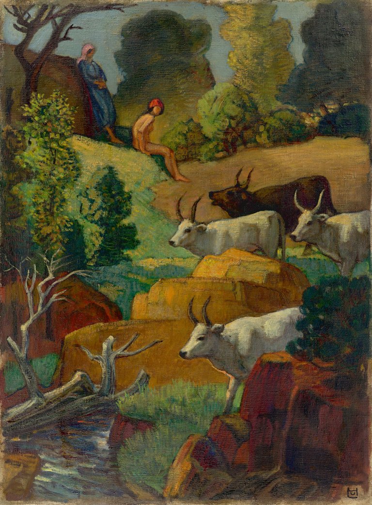 Auf diesem Bild ist das folgende Kunstwerk zu sehen: Ludwig von Hofmann. Rinder an der Tränke. 1928.
