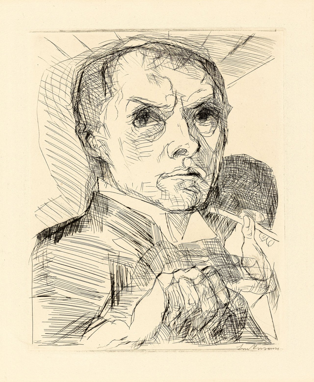 Auf diesem Bild ist das folgende Kunstwerk zu sehen: Max Beckmann. „Selbstbildnis mit Griffel“. 1916.