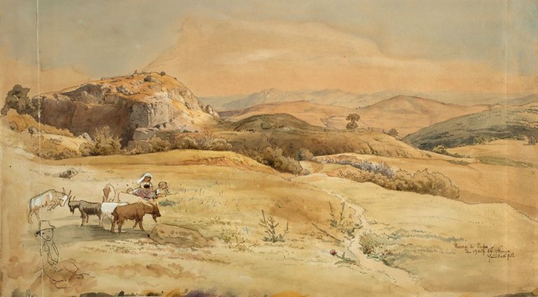 Auf diesem Bild ist das folgende Kunstwerk zu sehen: Albert Venus. Hannibalsfeld bei Rocca di Papa. 1866.