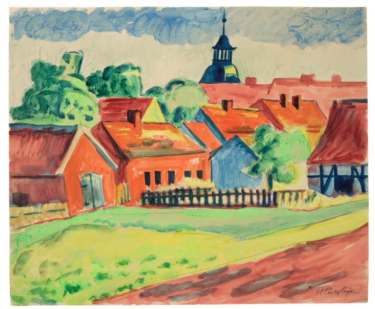 Auf diesem Bild ist das folgende Kunstwerk zu sehen: Max Pechstein. Blick auf Dorf mit Kirchturm (Leba). 1921/22.