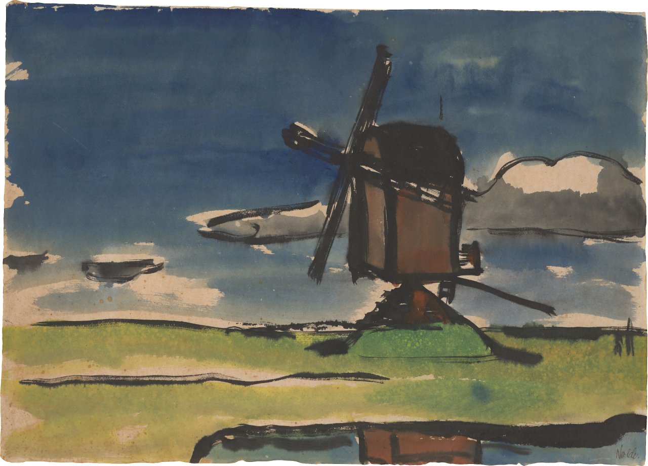 This picture shows the following artwork: Emil Nolde. ”Bockwindmühle in Nordfriesland”. 1920s.