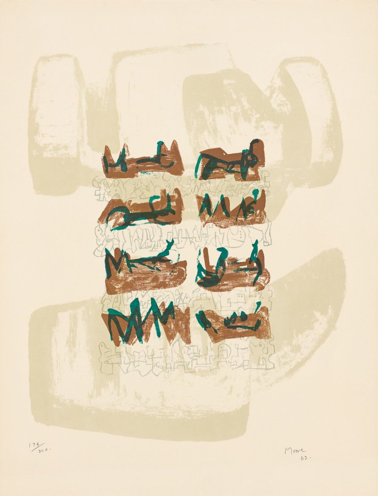 Auf diesem Bild ist das folgende Kunstwerk zu sehen: Henry Moore. „Eight Reclining Figures on Rock Background“. 1963.