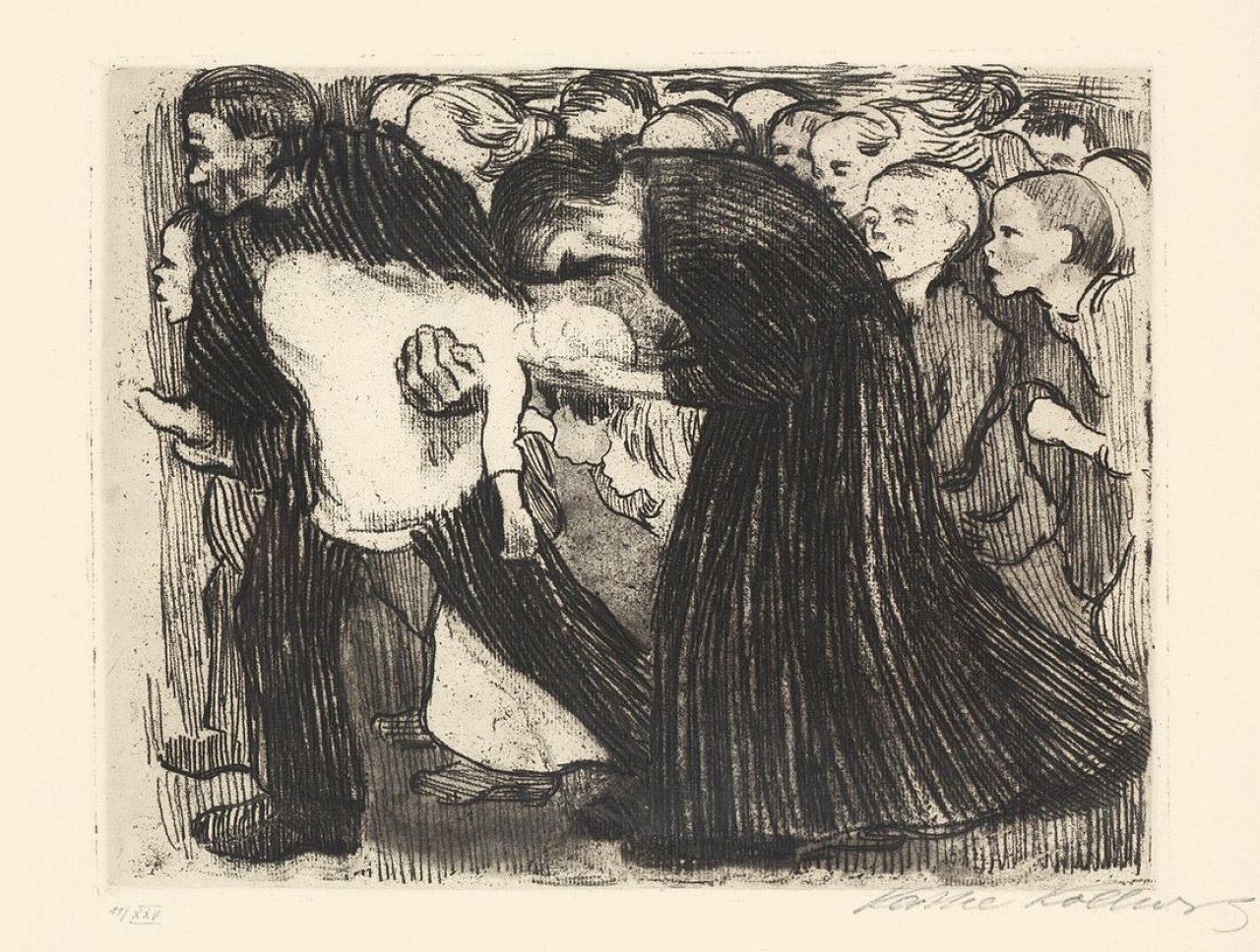 Auf diesem Bild ist das folgende Kunstwerk zu sehen: Käthe Kollwitz. „Überfahren“. 1910.