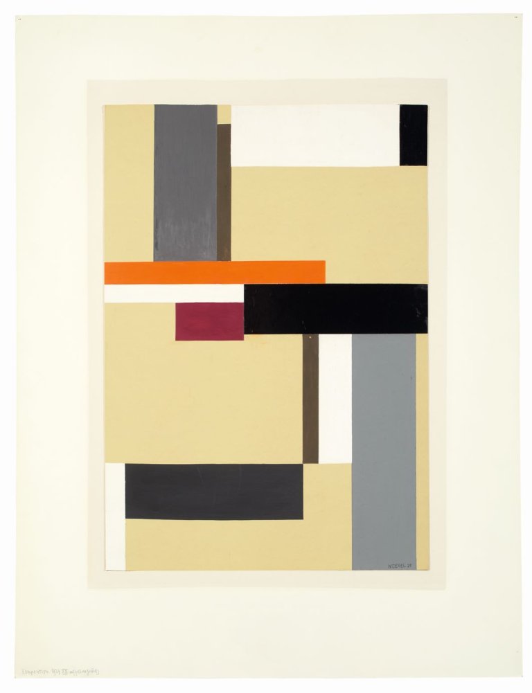 Auf diesem Bild ist das folgende Kunstwerk zu sehen: Walter Dexel. „Komposition 1924 XIII (auf gelbem Grund)“. 1924.