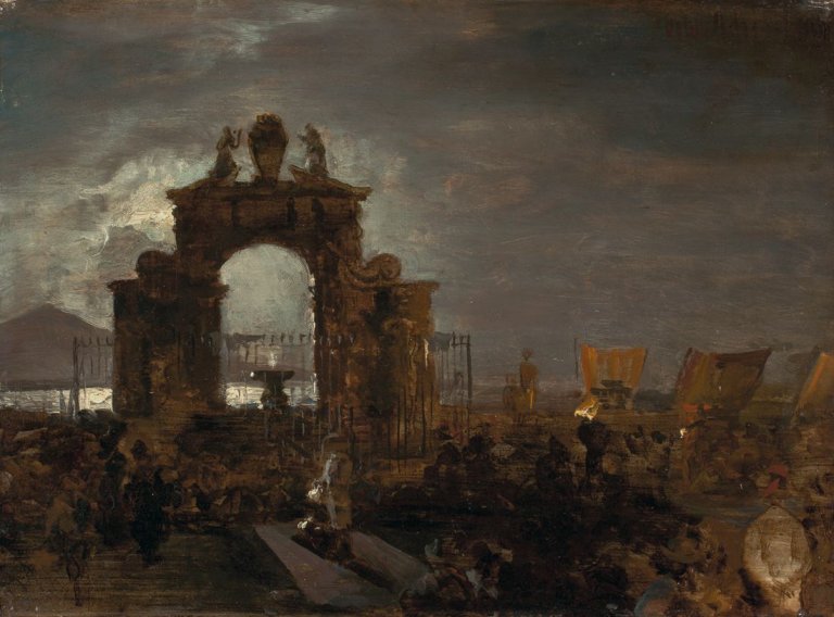 Auf diesem Bild ist das folgende Kunstwerk zu sehen: Oswald Achenbach. Studie zum Gemälde „Nächtliches Fest der Santa Lucia“.