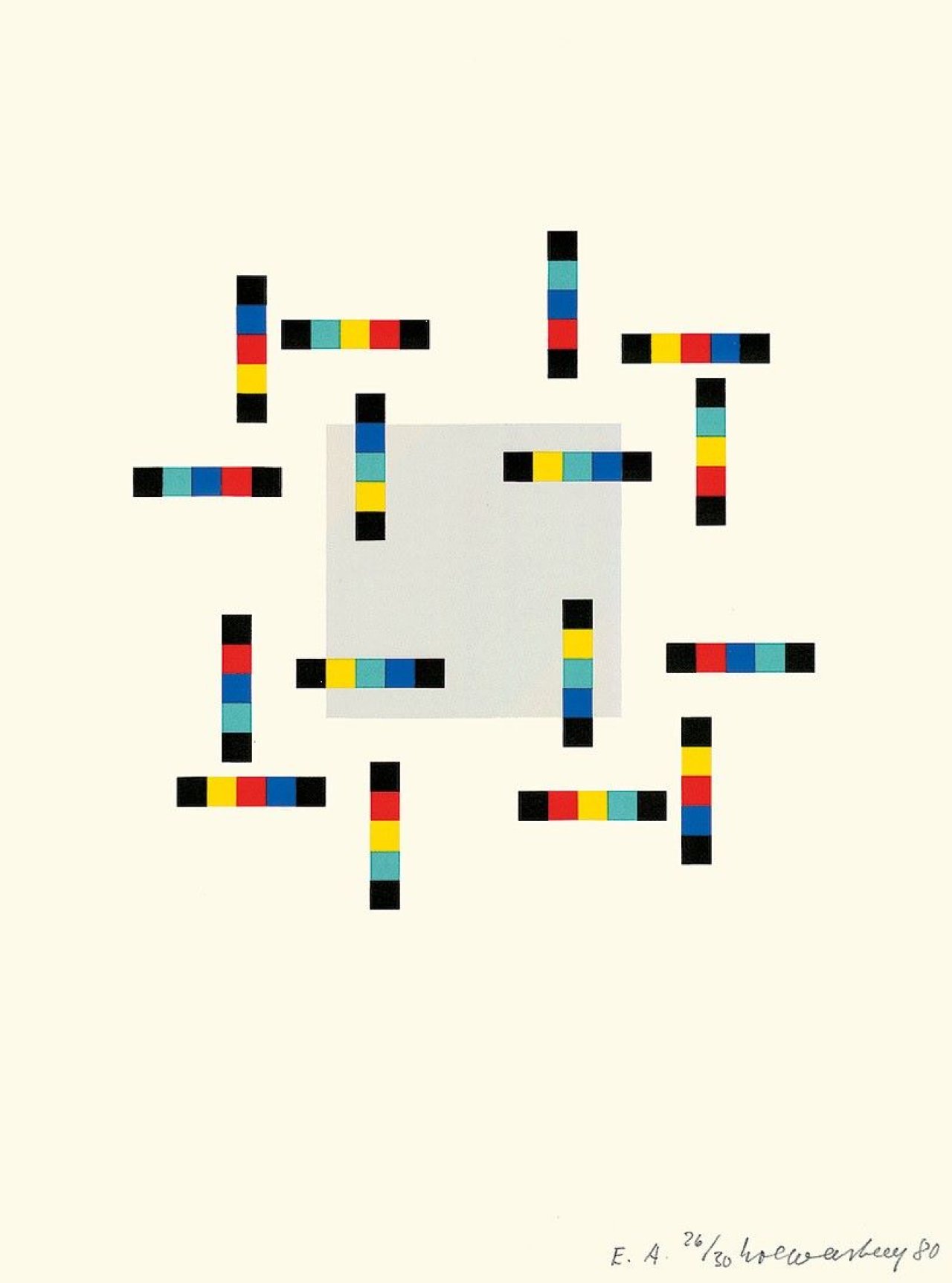 Auf diesem Bild ist das folgende Kunstwerk zu sehen: Verena Loewensberg. „Vier Variationen um ein Quadrat“. 1980.