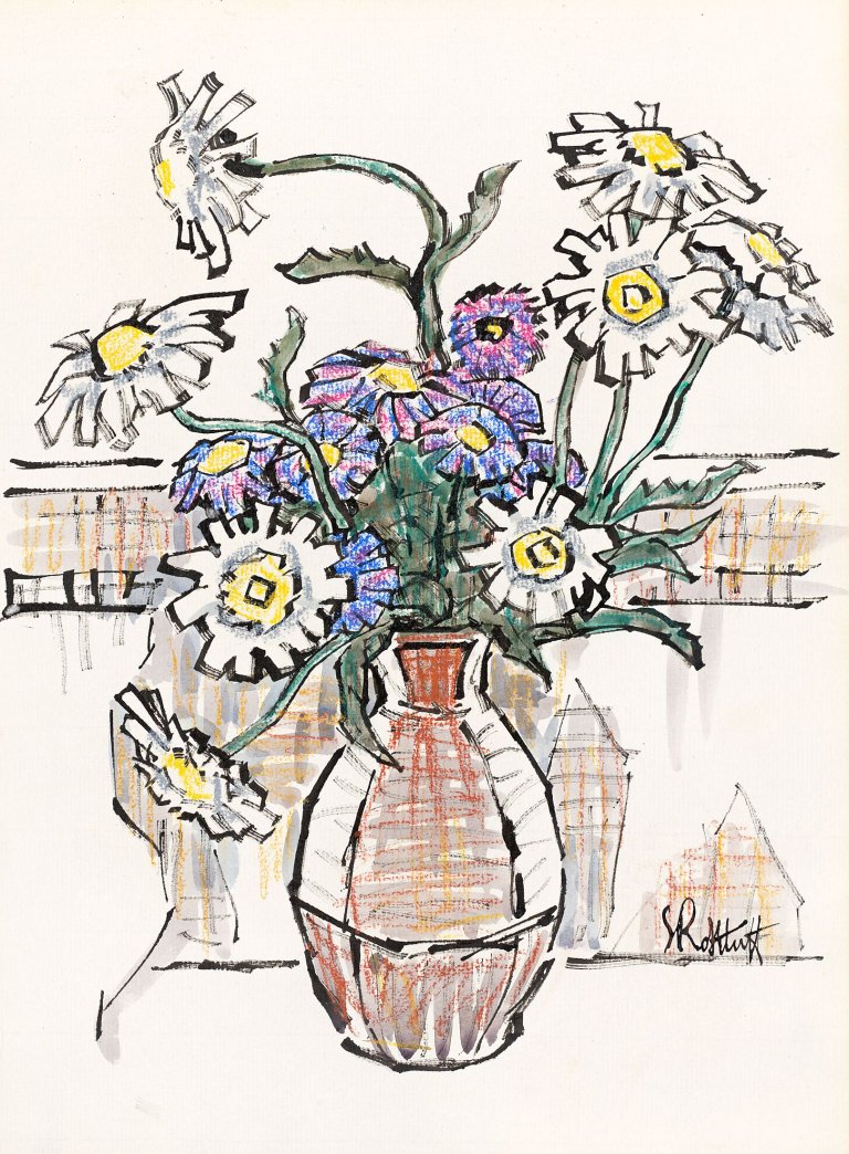 Auf diesem Bild ist das folgende Kunstwerk zu sehen: Karl Schmidt-Rottluff. Stilleben mit Margeritenstrauß. Wohl 1960er-Jahre.