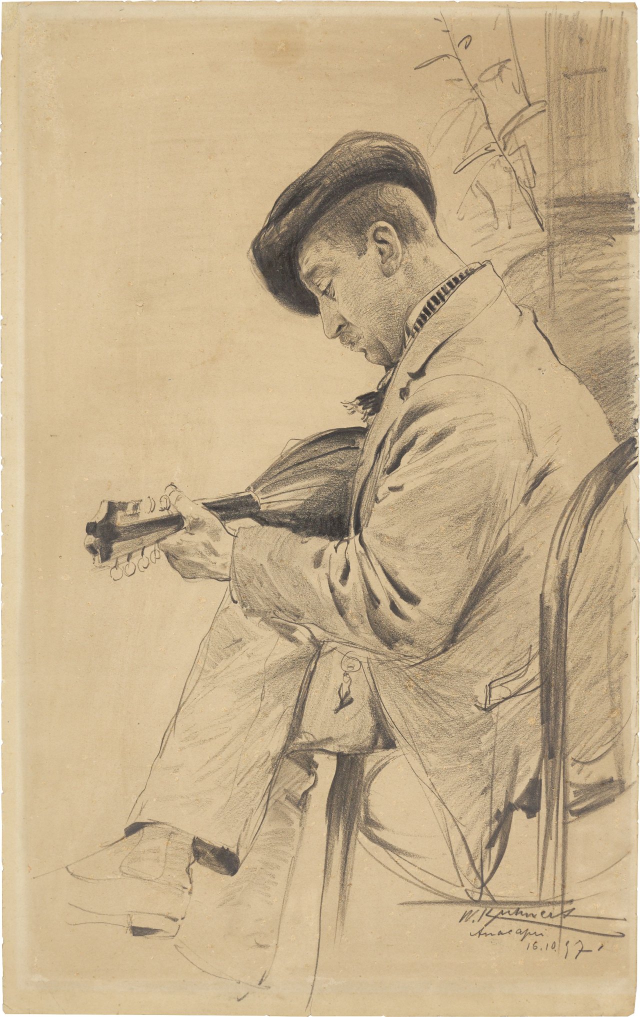 Auf diesem Bild ist das folgende Kunstwerk zu sehen: Wilhelm Kuhnert. Mandolinenspieler in Anacapri. 1897.