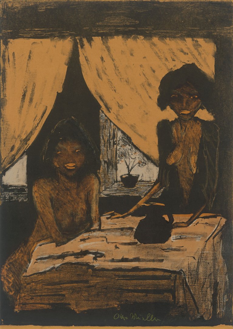 Auf diesem Bild ist das folgende Kunstwerk zu sehen: Otto Mueller. „Zwei Zigeunermädchen im Wohnraum“. 1926/27.