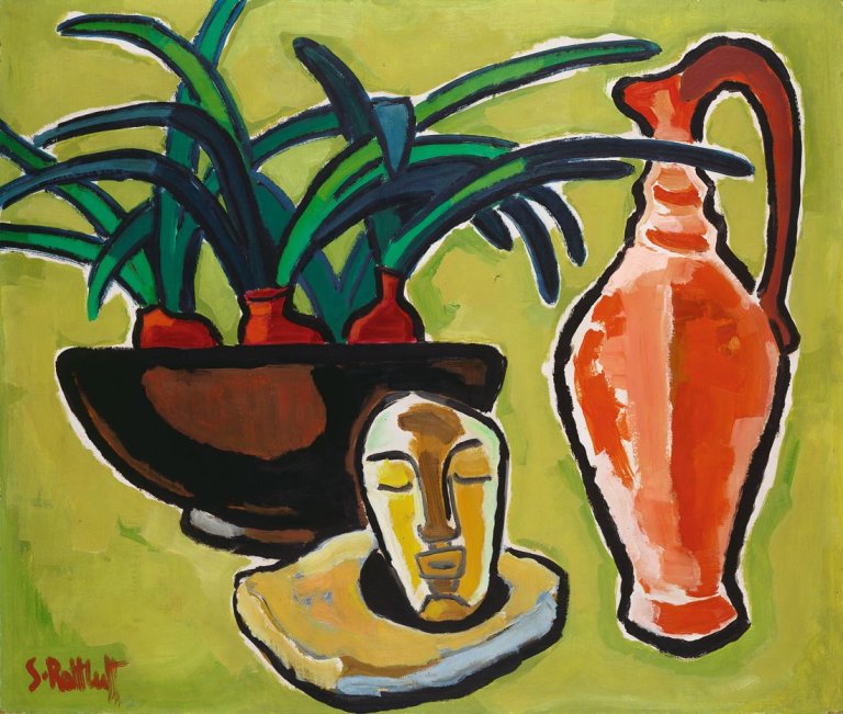 Auf diesem Bild ist das folgende Kunstwerk zu sehen: Karl Schmidt-Rottluff. „Die schwarze Schale“. 1957.