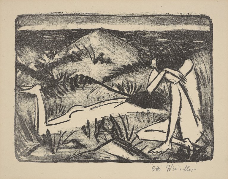 Auf diesem Bild ist das folgende Kunstwerk zu sehen: Otto Mueller. „Ein in Dünen sitzendes und ein liegendes Mädchen (Zwei Mädchen in den Dünen, Sylt)“. 1920-24.