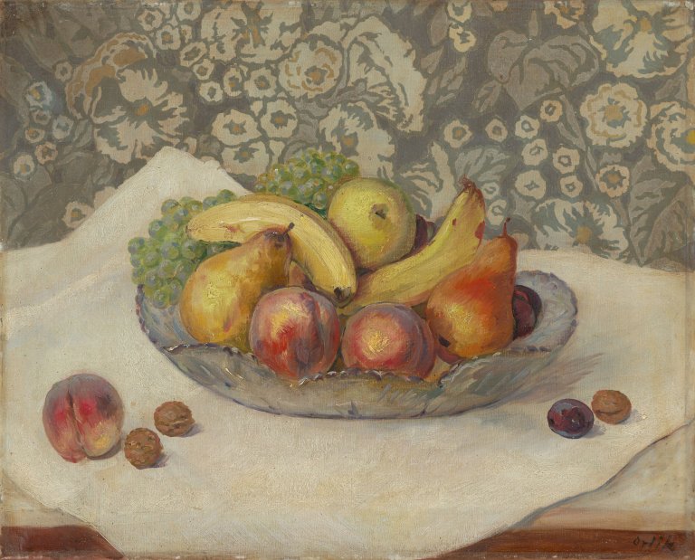 Auf diesem Bild ist das folgende Kunstwerk zu sehen: Emil Orlik. Stillleben mit Obstschale.