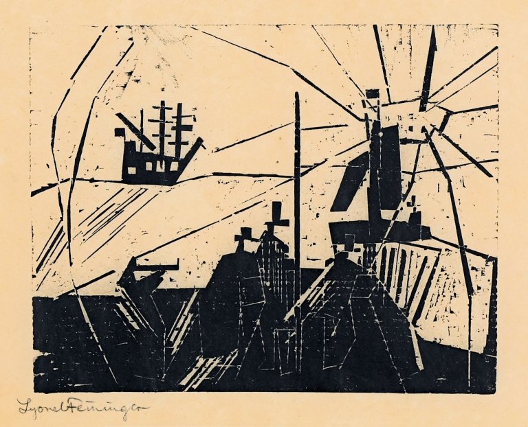 Auf diesem Bild ist das folgende Kunstwerk zu sehen: Lyonel Feininger. „Am Quai“. 1918.