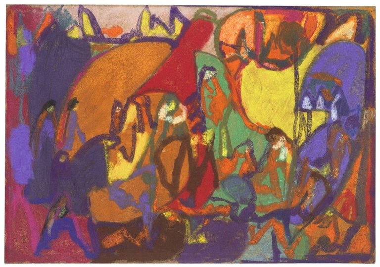 Auf diesem Bild ist das folgende Kunstwerk zu sehen: Adolf Hölzel. Landschaft mit Figuren. Um 1930.
