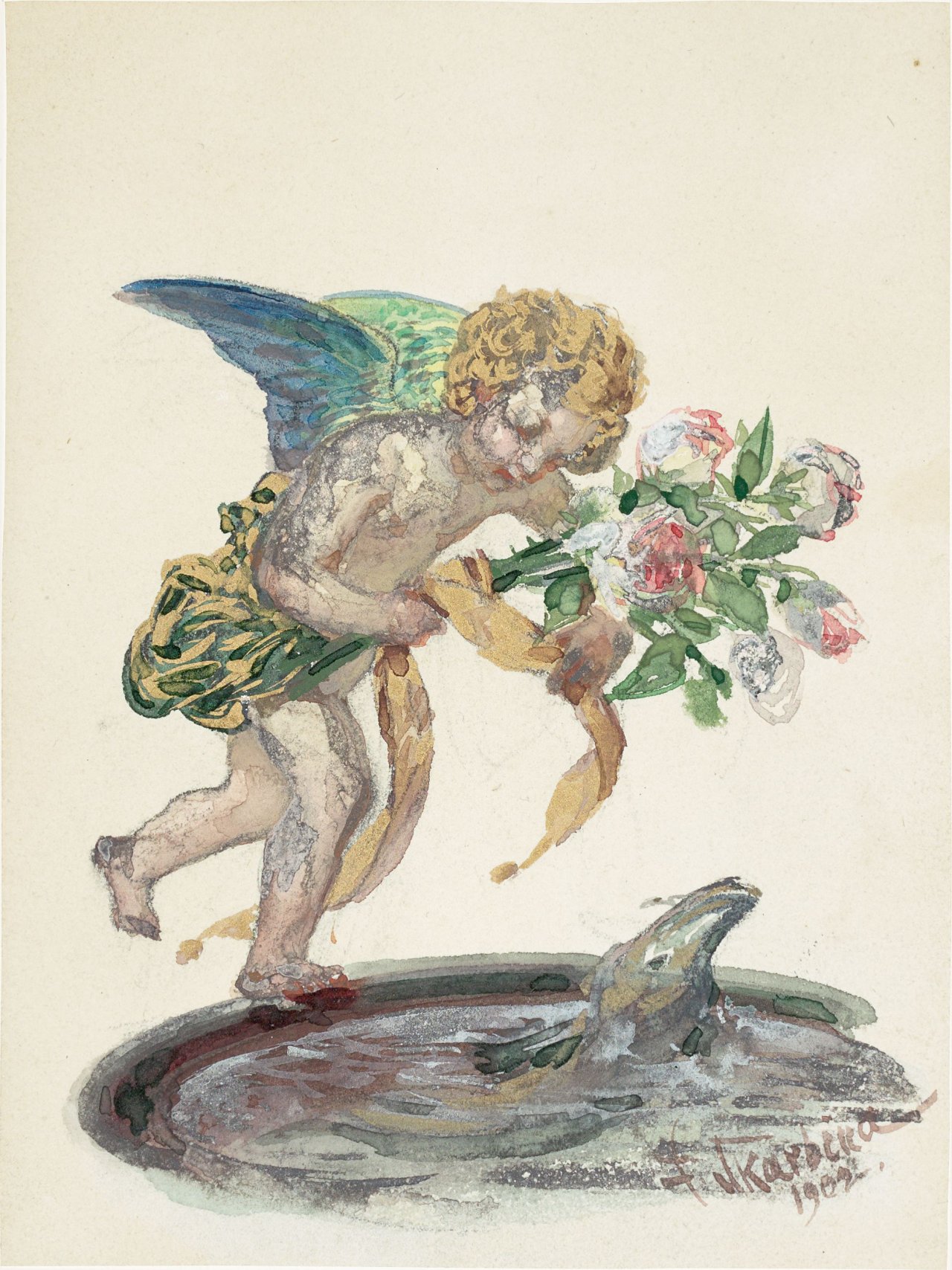 Auf diesem Bild ist das folgende Kunstwerk zu sehen: Franz Skarbina. Amor mit Blumen. 1902.