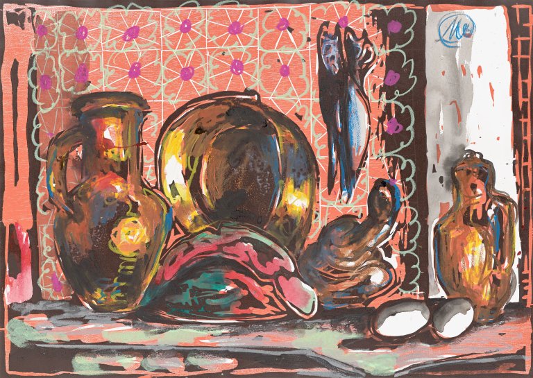 Auf diesem Bild ist das folgende Kunstwerk zu sehen: Markus Lüpertz. Stillleben mit Krügen. Wohl 1990-er Jahre.