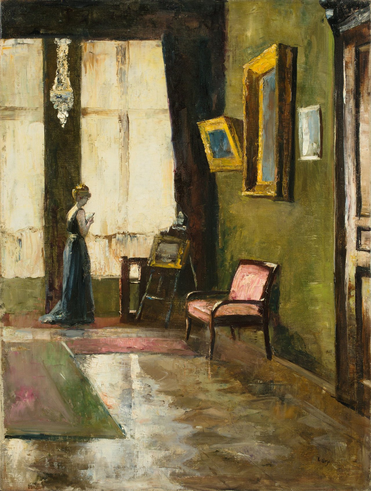 Auf diesem Bild ist das folgende Kunstwerk zu sehen: Lesser Ury. „Dame am Fenster vor Staffelei“. 1910.