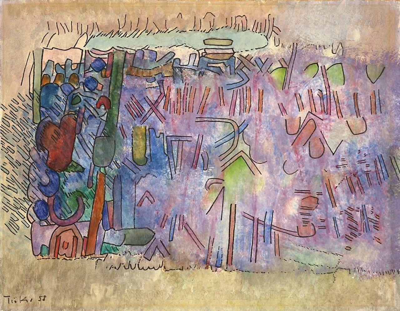 Auf diesem Bild ist das folgende Kunstwerk zu sehen: Heinz Trökes. „Abklingendes Fest“. 1958.