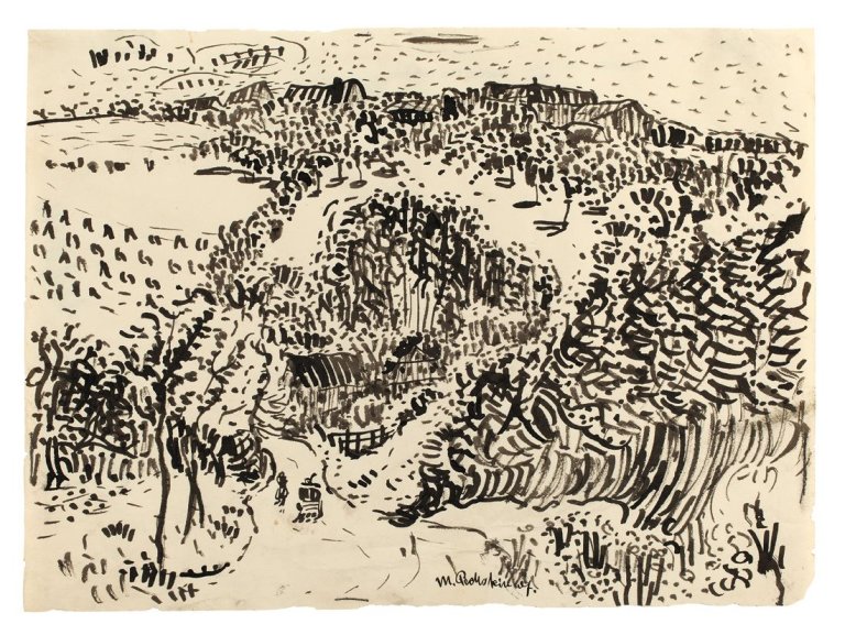 Auf diesem Bild ist das folgende Kunstwerk zu sehen: Max Pechstein. „Gehöft im Tal“. 1907.