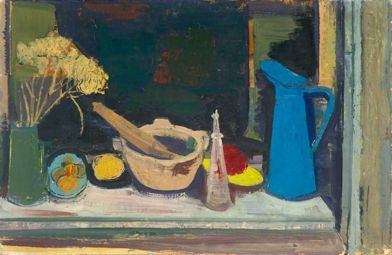 This picture shows the following artwork: Werner Laves. „Stilleben mit blauer Kanne und provençalischem Mörser“. 1956.