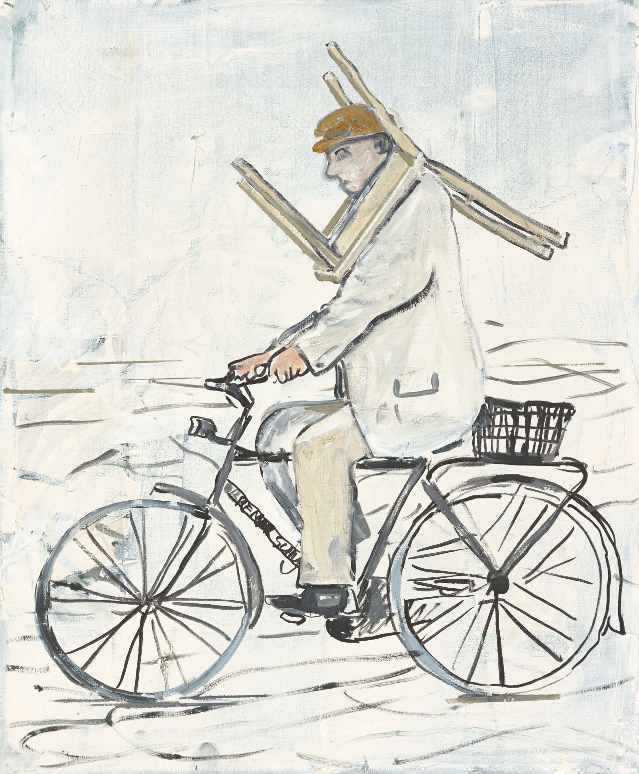 Auf diesem Bild ist das folgende Kunstwerk zu sehen: Thomas Hartmann. „STUHL AUF MANN. MANN AUF FAHRRAD“. 2013.