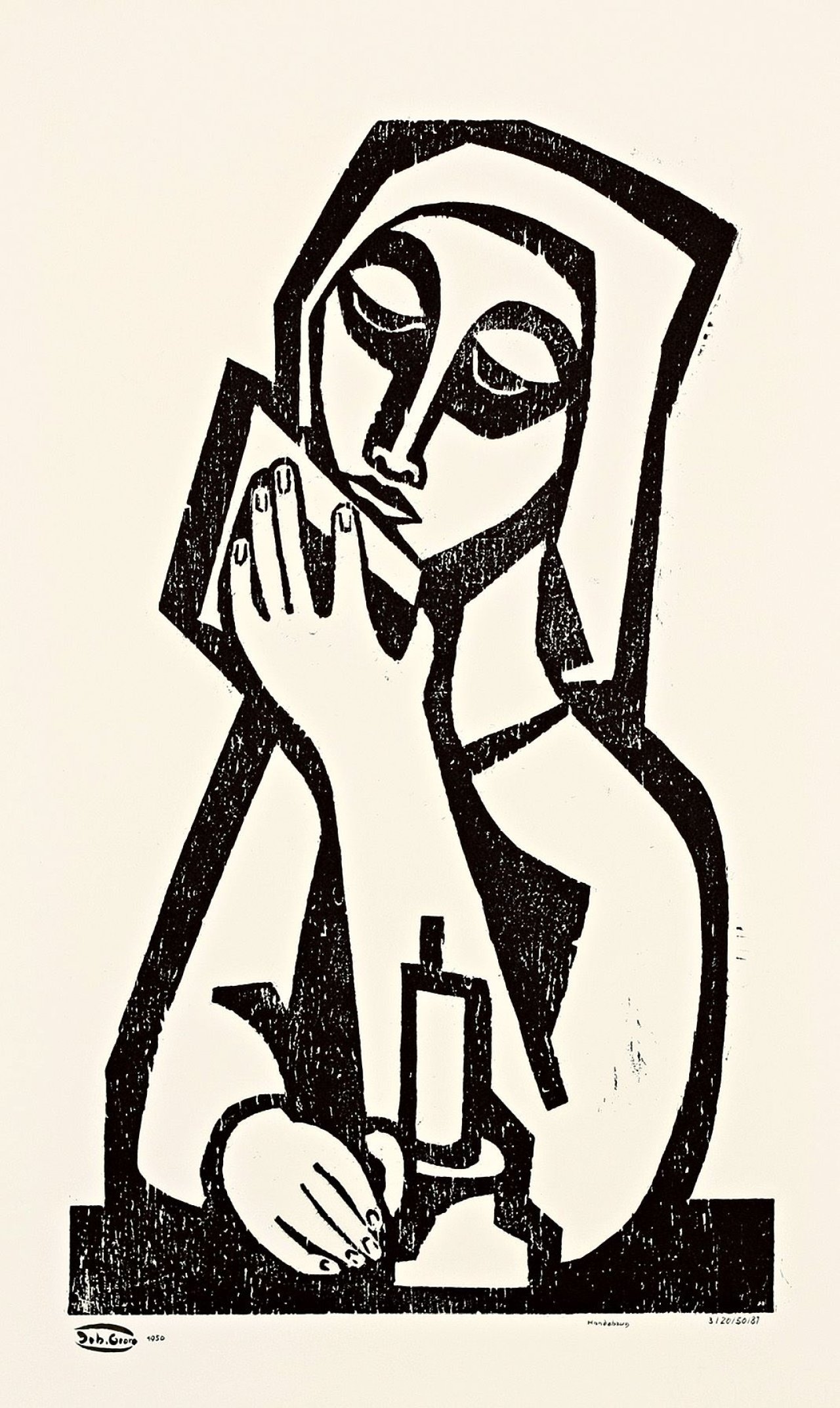 Auf diesem Bild ist das folgende Kunstwerk zu sehen: Johann Georg Müller. „Frau mit Haube und Kerze“. 1950/81.