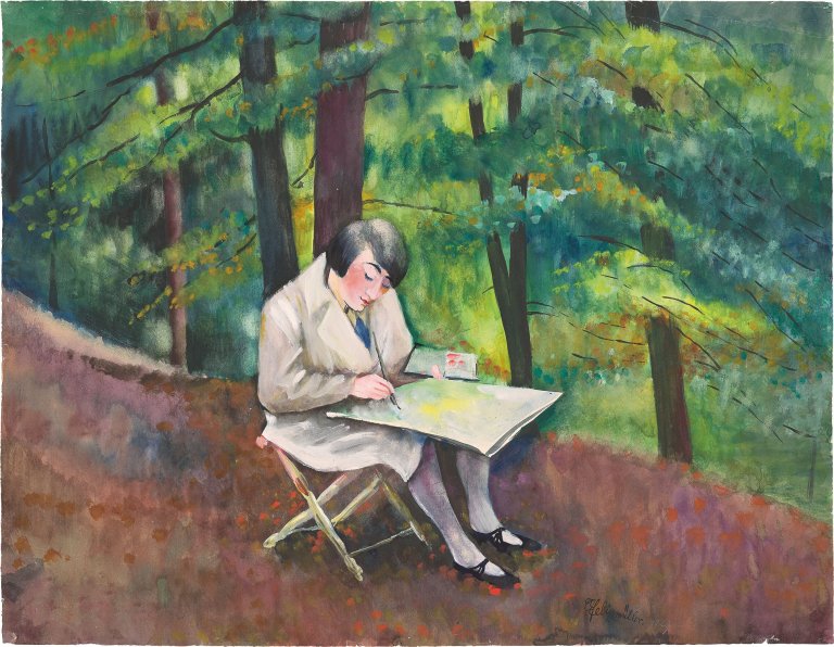 Auf diesem Bild ist das folgende Kunstwerk zu sehen: Conrad Felixmüller. „Malschülerin im Walde“. 1929.