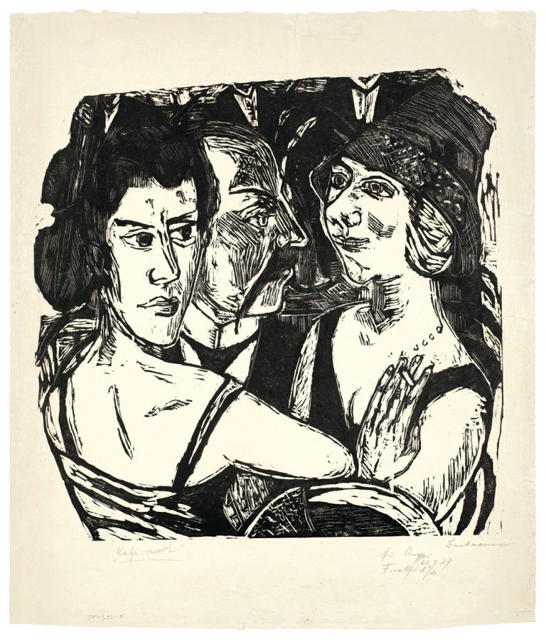 Auf diesem Bild ist das folgende Kunstwerk zu sehen: Max Beckmann. „Gruppenbildnis Edenbar“ („Kafé couvert“). 1923.