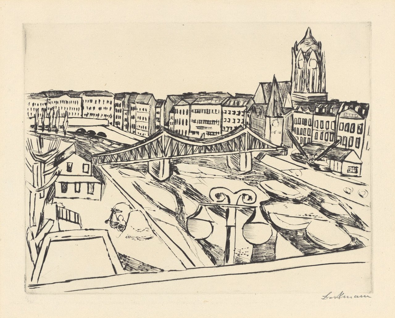 Auf diesem Bild ist das folgende Kunstwerk zu sehen: Max Beckmann. „Stadtansicht mit eisernem Steg“. 1923.